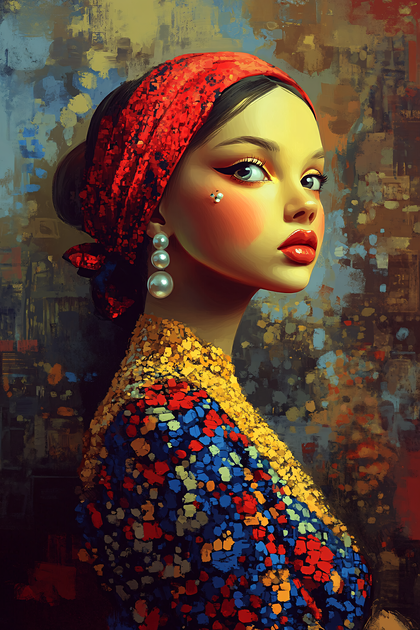 Woman With Red Headscarf And Pearl Earrings