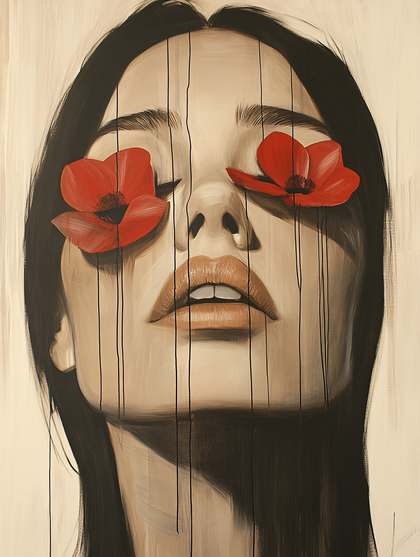 Woman with Red Poppies Covering Eyes