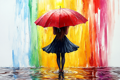 Woman With Red Umbrella In Rain