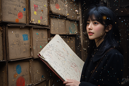 Woman with Sketchbook in an Archive