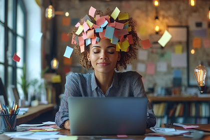 Woman With Sticky Notes On Head Working On Laptop