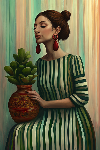 Woman with Striped Dress and Plant