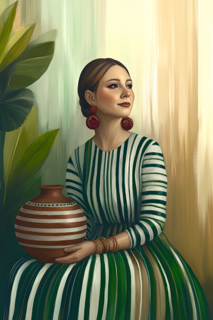 Woman with Striped Dress and Pot