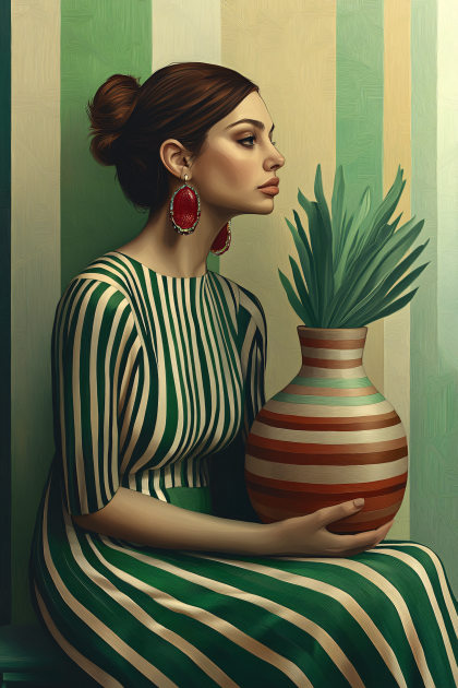 Woman With Striped Dress And Vase