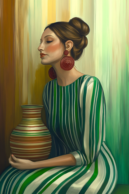 Woman with Striped Dress Holding Vase