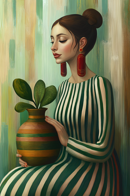 Woman With Striped Dress Holding Vase