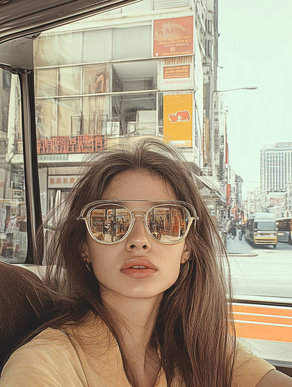Woman With Sunglasses Reflecting City Street