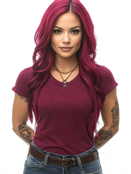 Woman With Vibrant Red Hair And Arm Tattoos Posing