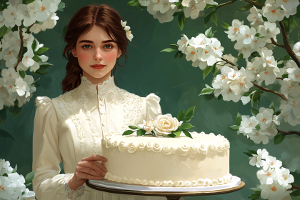 Woman with White Cake and Flowers