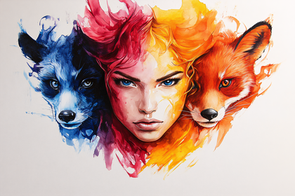 Woman with Wolf and Fox Watercolor