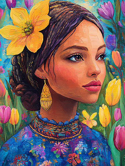 Woman with Yellow Flower and Tulips