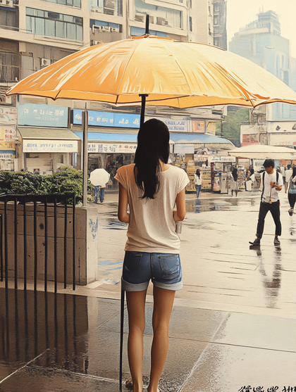 Woman with Yellow Umbrella in Cityscape