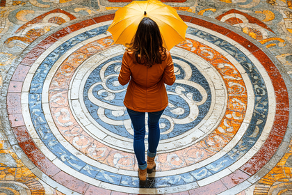 Woman with Yellow Umbrella on Mosaic