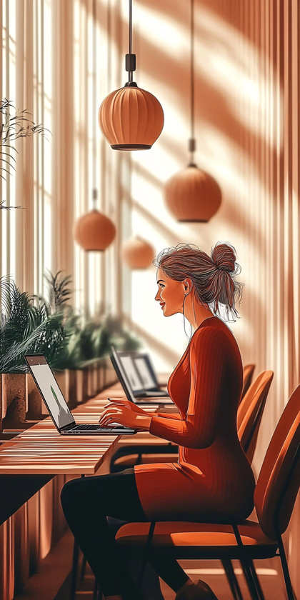 Woman Working In Cozy Cafe