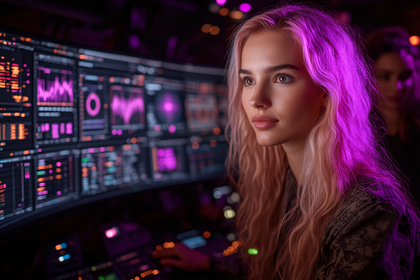 Woman Working Late at Night on Computer with Data Visualizations
