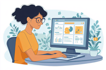 Woman Working on Computer with Data Analytics Dashboard