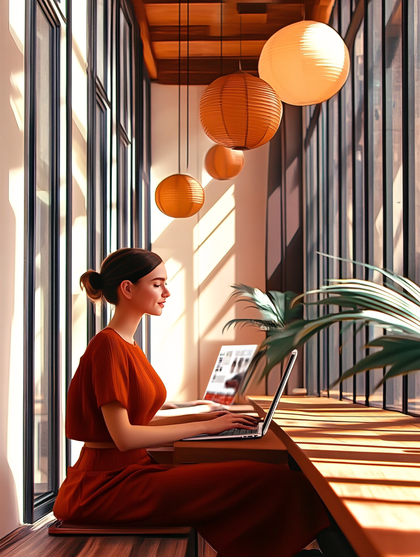 Woman Working On Laptop By Window With Lanterns