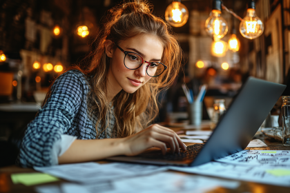 Woman Working on Laptop in Cafe