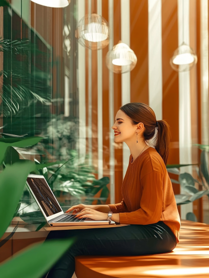 Woman Working on Laptop in Cafe