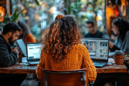 Woman Working on Laptop in Coffee Shop
