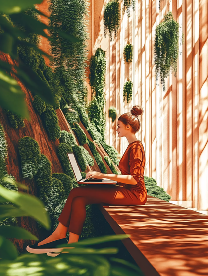 Woman Working On Laptop In Urban Garden