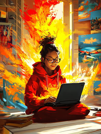 Woman Working on Laptop In Vibrant Studio