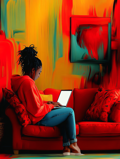 Woman Working On Laptop On Red Sofa