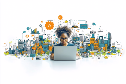 Woman Working on Laptop with Cityscape Background