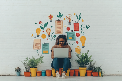 Woman Working on Laptop with Creative Wall Background