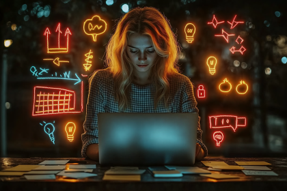 Woman Working on Laptop with Neon Doodles
