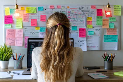 Woman Working on Whiteboard with Sticky Notes