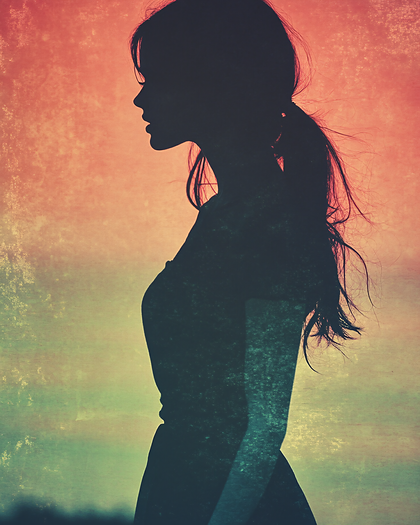 Mysterious Woman Silhouette Against Textured Red and Teal Gradient Sky Profile