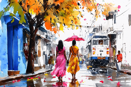 Women Walking with Umbrella in City Street