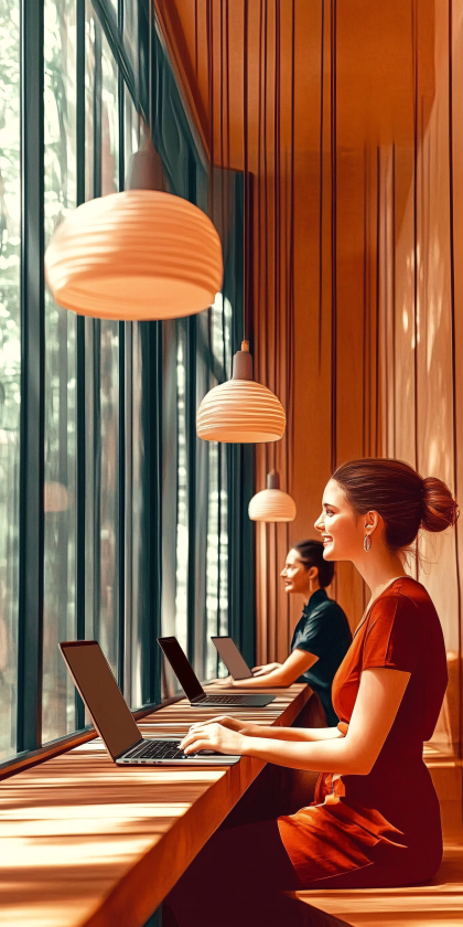 Women Working in Modern Cafe
