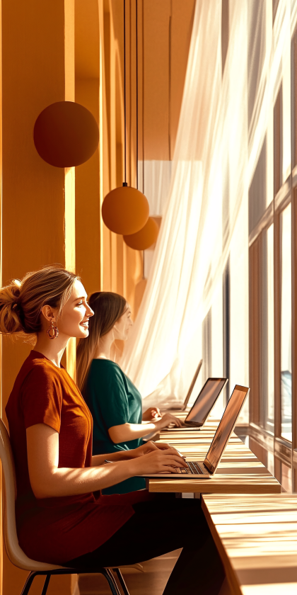 Women Working on Laptops in Cafe