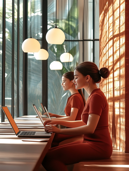 Women Working On Laptops In Modern Cafe