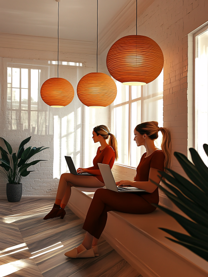 Women Working On Laptops Under Pendant Lights