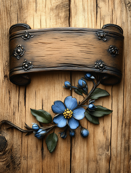 Wooden Banner with Blue Flowers