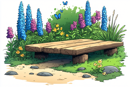 Wooden Bench in a Flower Garden
