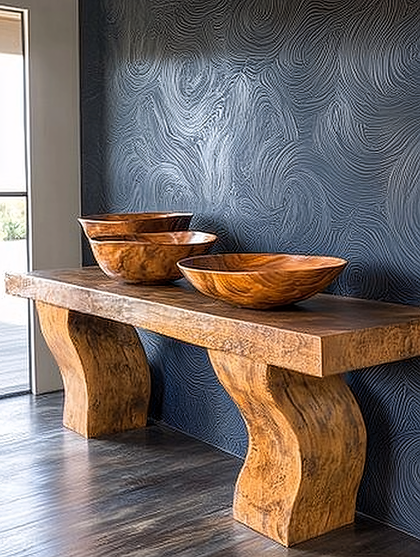 Wooden Bench Table with Bowls
