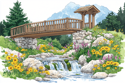 Wooden Bridge Over Stream with Flowers Illustration