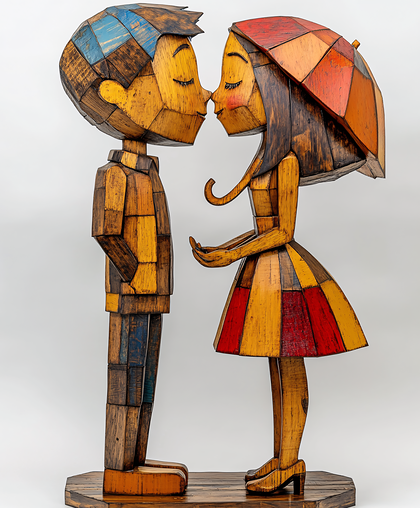 Wooden Couple Kissing Under Umbrella