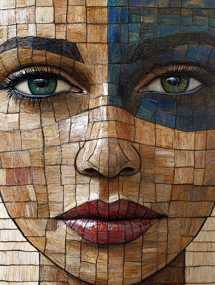 Wooden Mosaic Woman Portrait