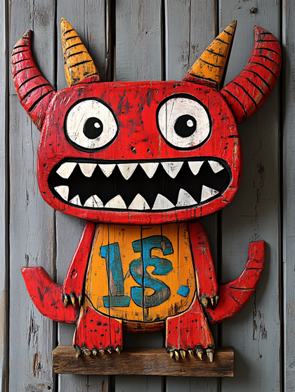 Wooden Red Monster Carving
