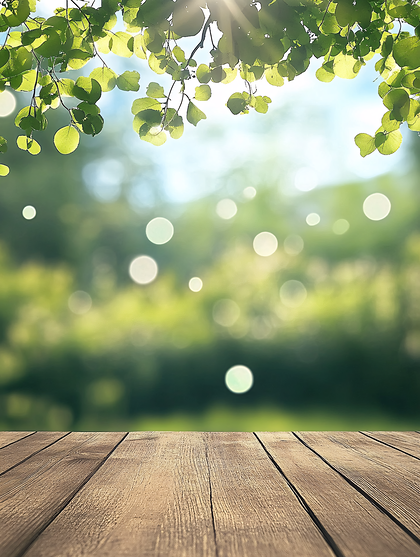 Wooden Table with Bokeh Lights in Garden