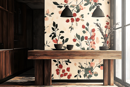 Wooden Table with Floral Wallpaper