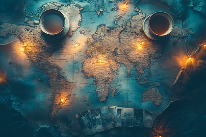 World Map with Coffee and Fairy Lights