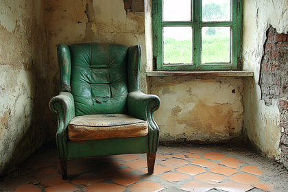 Worn Green Armchair in a Dilapidated Room