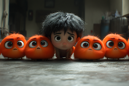 Worried Child and Orange Pufferballs
