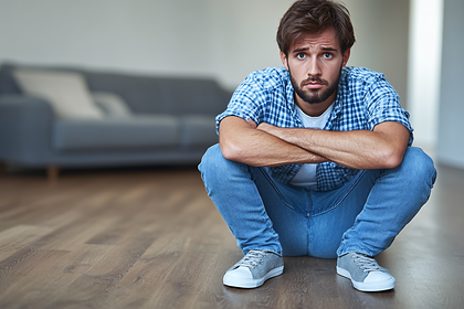 Worried Man Crouching on Floor